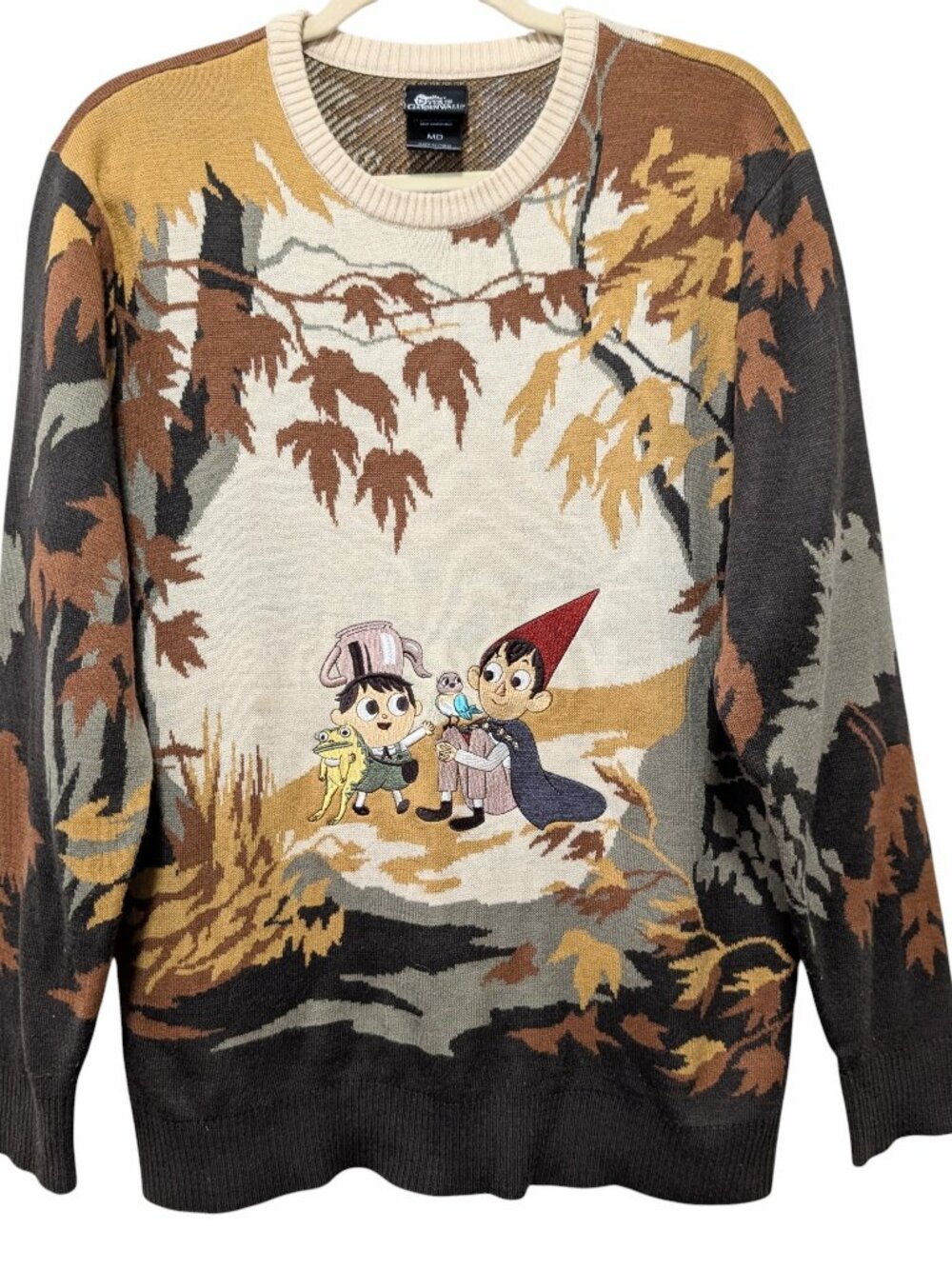 Over The Garden Wall Unisex Size M Greg Wirt Embroidered Wood Scene Sweater Flaw